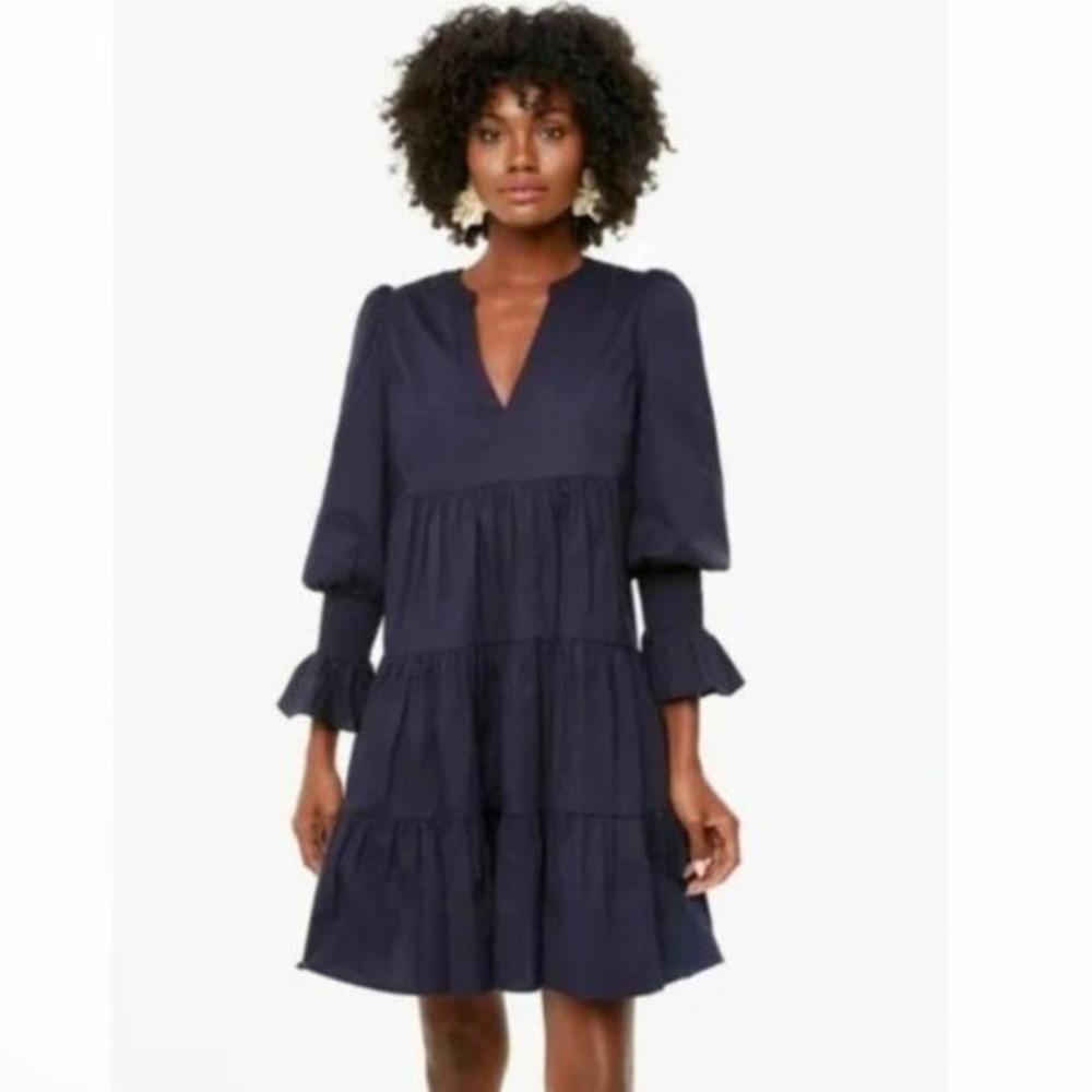 Pomander Place Navy Blue Tiered Cotton Mini Dress Smocked Cuffs Y20904T Size L